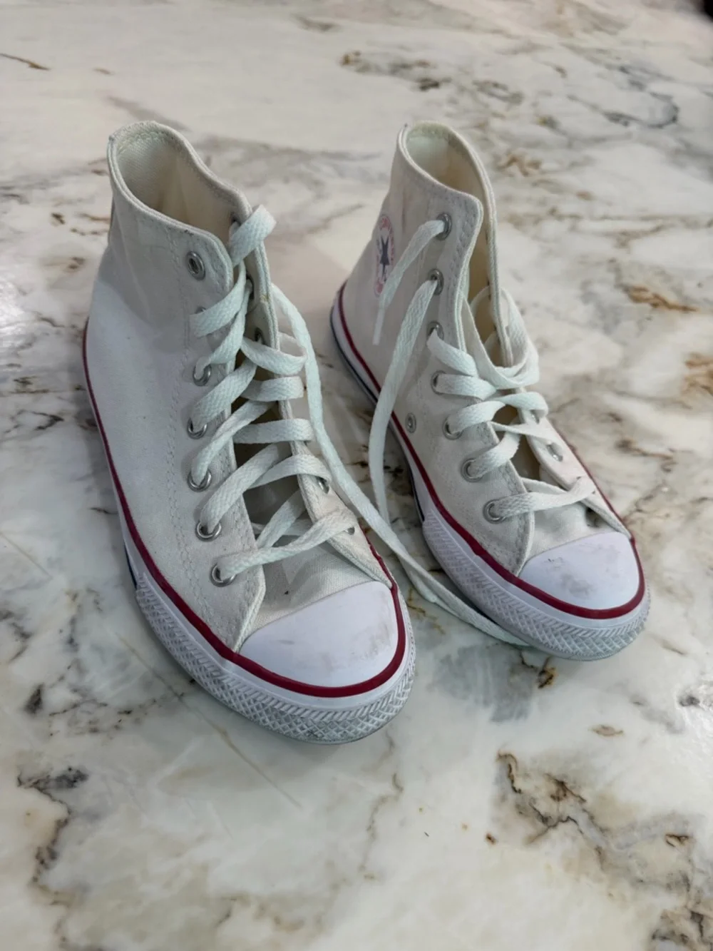 Converse Kids High-Top Canvas Sneakers in White with Red Stripe